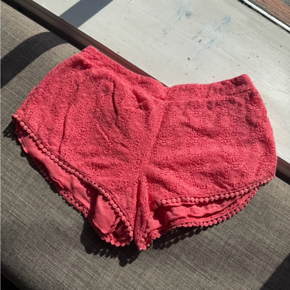 Aerie‎ Pink Coral Crochet Pom Pom Trim Booty Shorts Size Small Lined Y2K 2000s